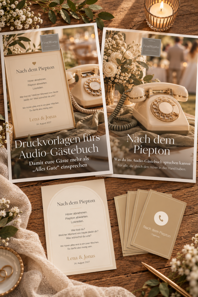 Flatlay mit Guide und Druckvorlagen „Nach dem Piepton“, Aufsteller und Fragekarten fürs Audio-Gästebuch auf Holztisch mit Kerzen