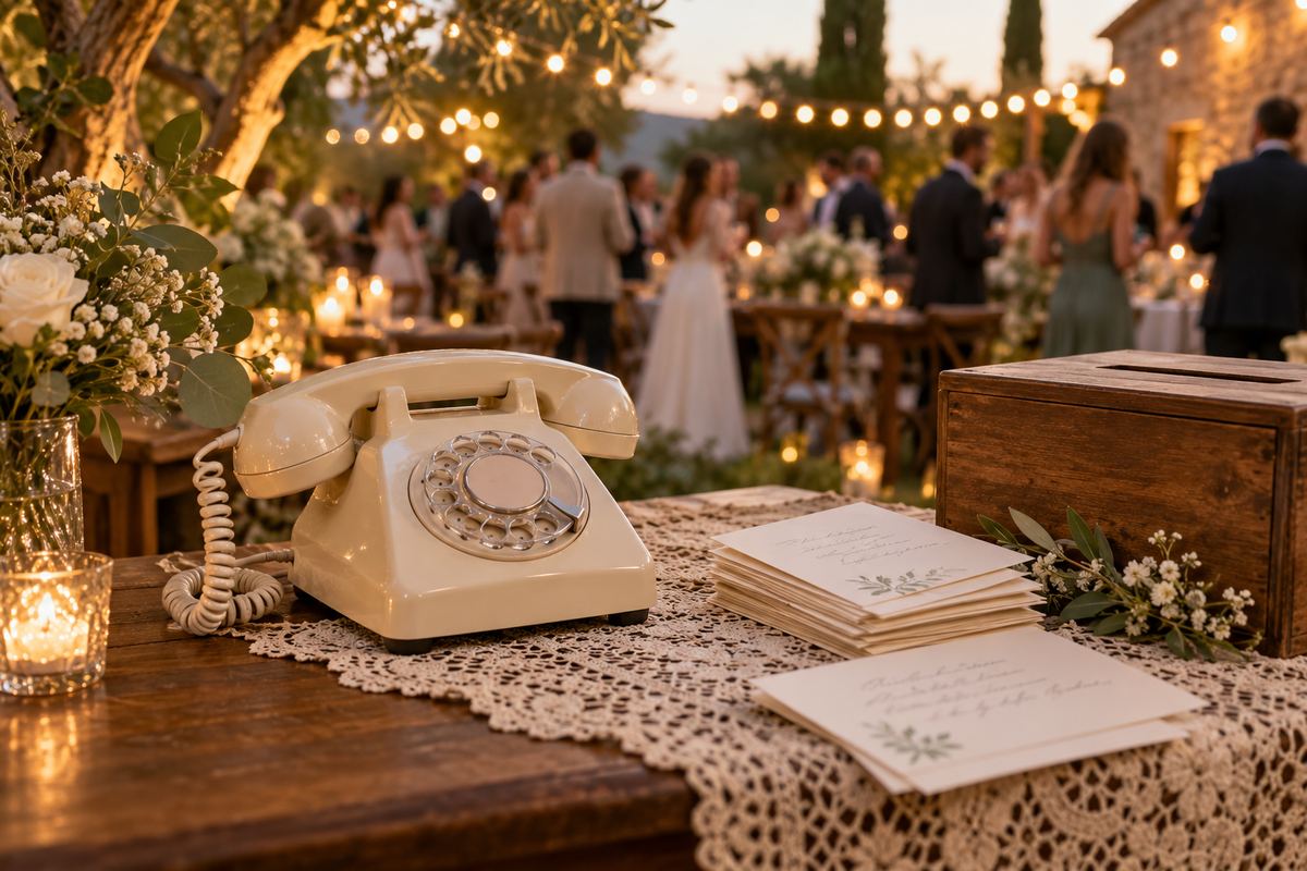 Audio-Gästebuch und Wunschkarten als Hochzeitstrend: altes Telefon neben handgeschriebenen Karten