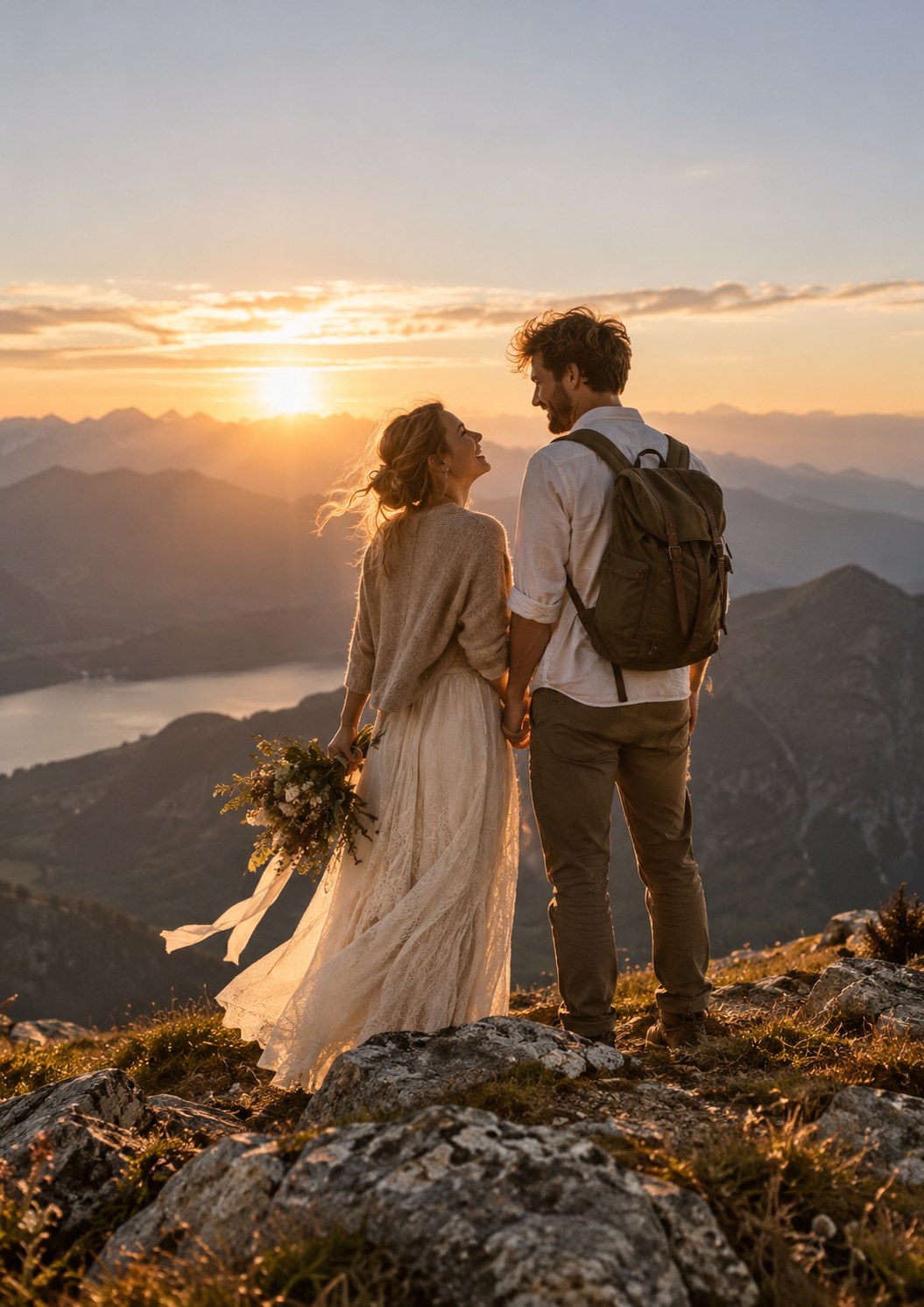Brautpaar blickt gemeinsam auf ein Bergpanorama im Sonnenuntergang; der Bräutigam trägt einen Rucksack.
