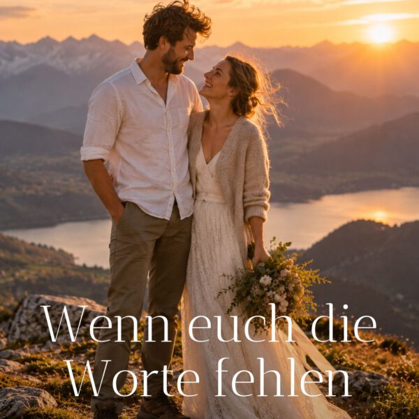 Elopement Zeremonie Vorlage Brautpaar bei Sonnenuntergang in den Bergen, Cover des PDFs Wenn euch die Worte fehlen für die Elopement Zeremonie