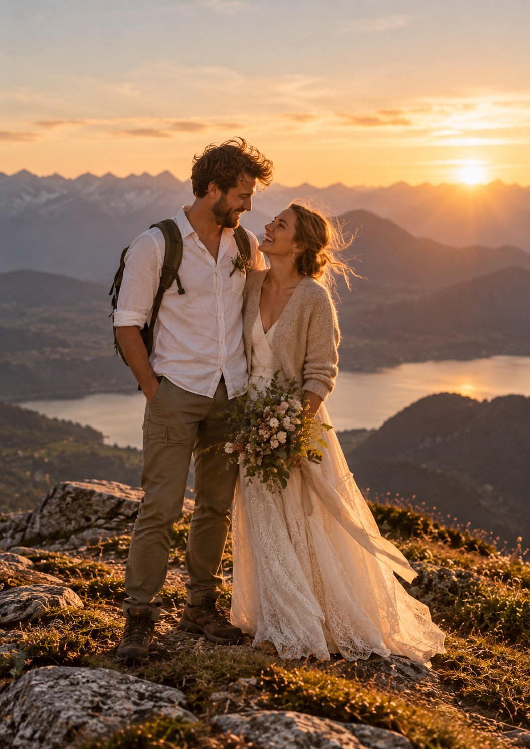 Brautpaar steht eng beieinander auf einem Berg mit Blick auf einen See im Sonnenuntergang.