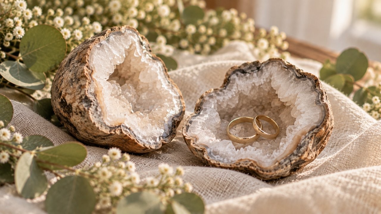 Zwei Hälften einer Geode mit Kristallen, in einer Hälfte liegen zwei goldene Eheringe