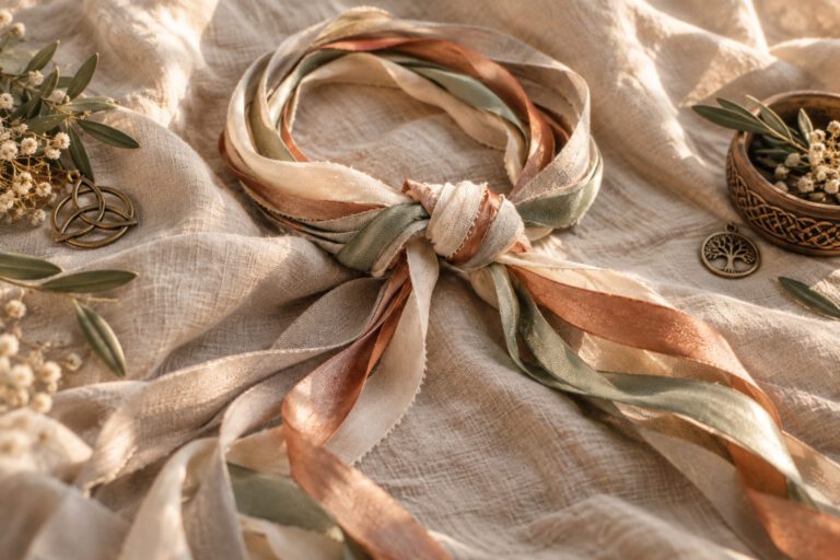 Handfasting Bänder in Creme, Salbeigrün und Kupfer, zu einem Knoten gebunden auf Leinen, daneben ein keltischer Knoten-Anhänger und Olivenzweige