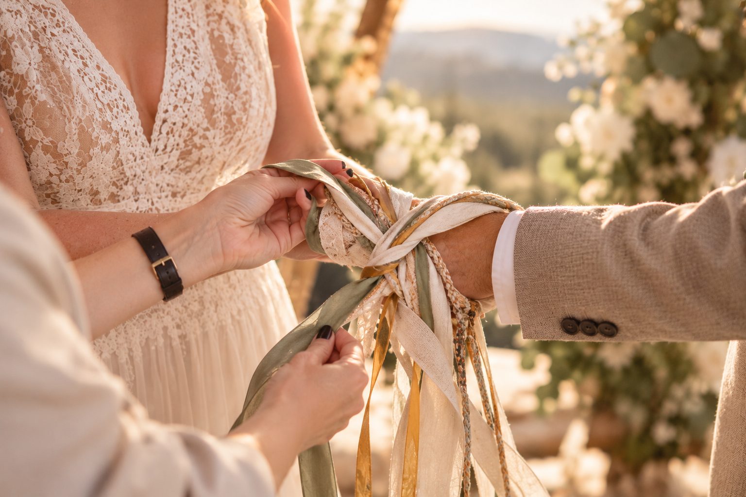 Viele Handfasting Bänder aus Spitze, Seide und Leinen und eine geflochtene Handfasting Kordel werden um die Hände des Brautpaars gelegt