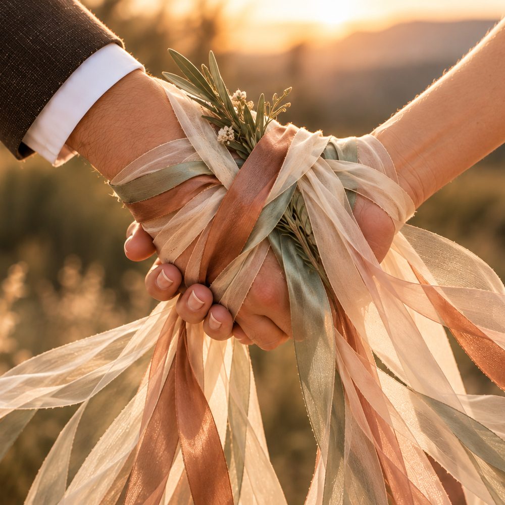 Handfasting Bänder aus Seide und Chiffon in Creme, Rosé und Salbeigrün flattern im Gegenlicht um die Hände eines Brautpaars