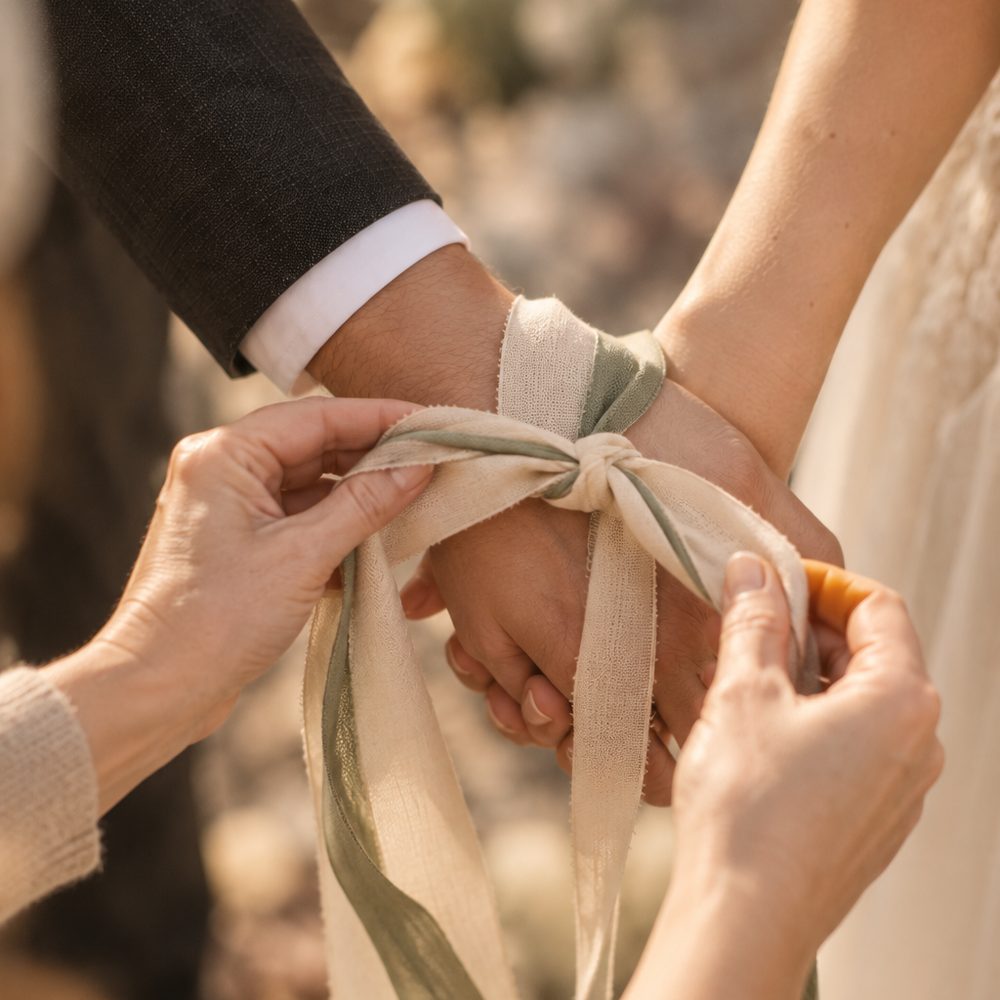 Eine Frau bindet ein Handfasting Band aus Leinen in Creme und Salbeigrün um die Hände des Brautpaars