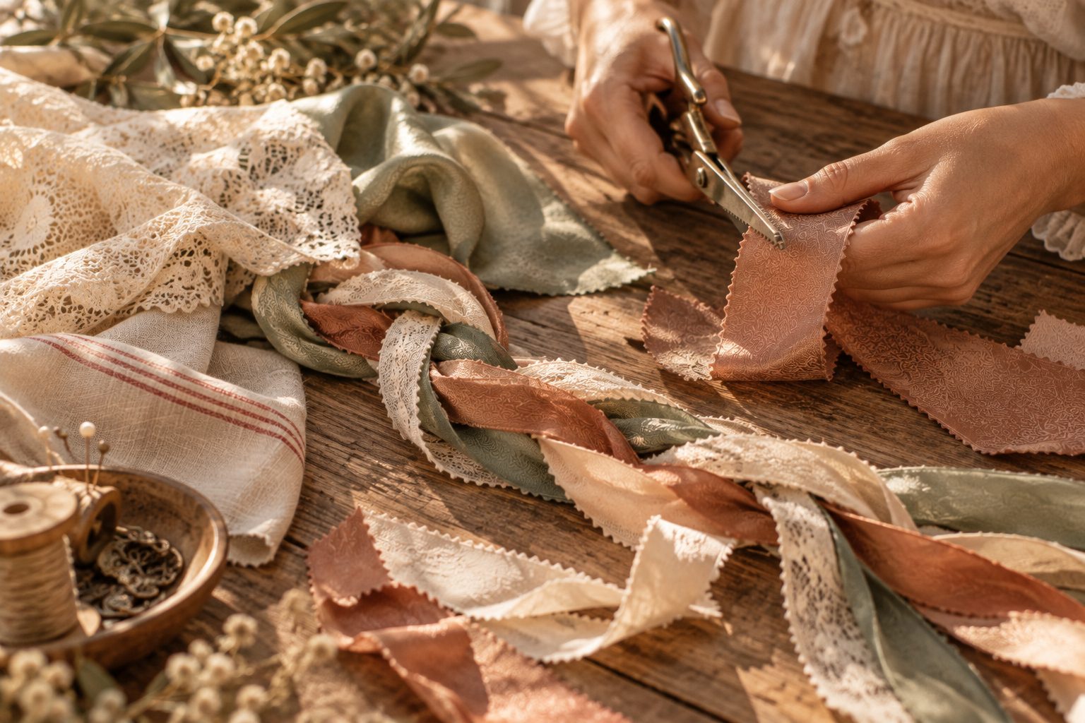 Handfasting Band selber machen: Streifen aus Spitze, altem Küchenhandtuch und Seide werden mit der Zackenschere geschnitten und zu einem Band geflochten