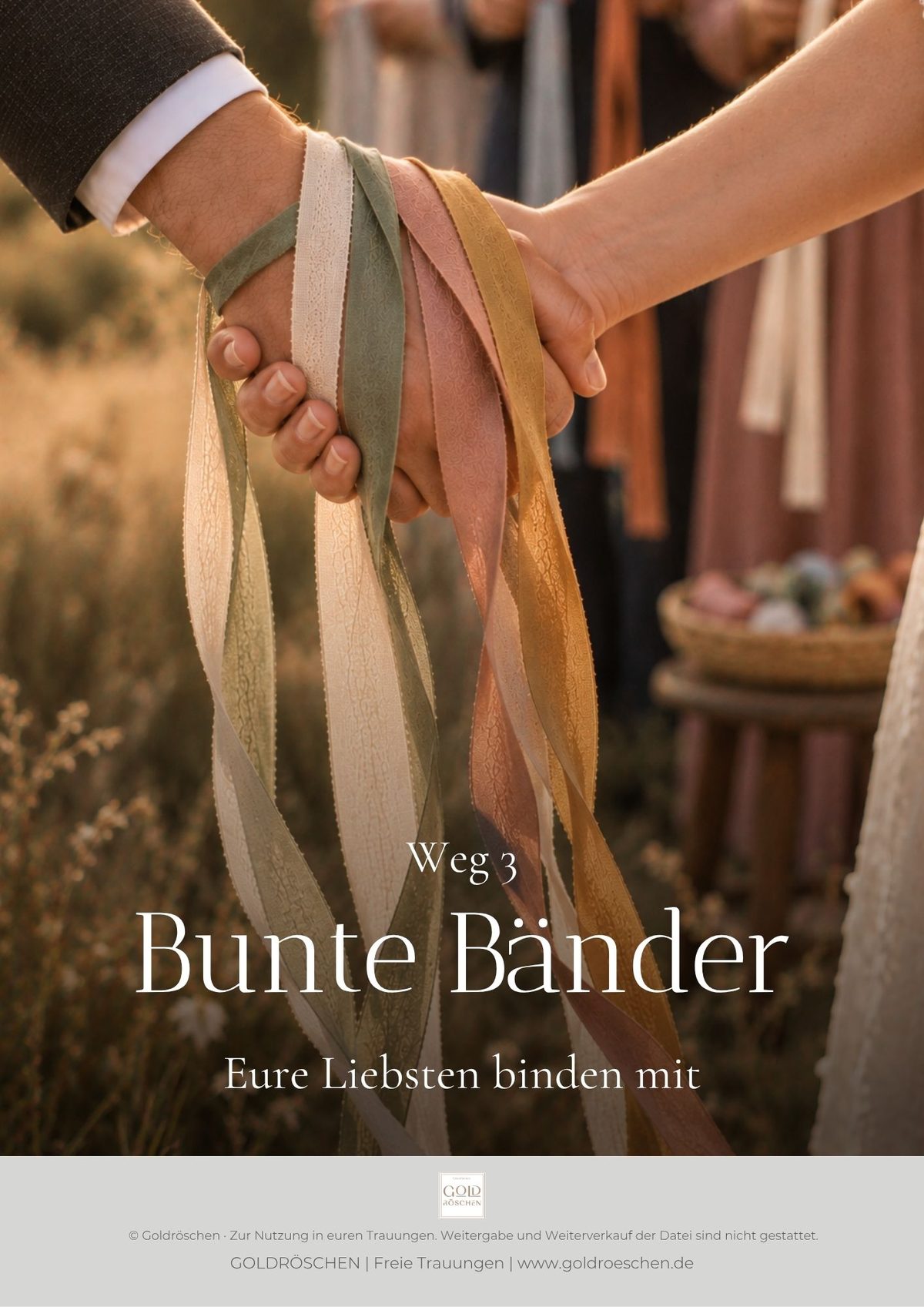 Farbige Bänder in Creme, Grün, Rosa und Senfgelb um die Hände eines Brautpaars