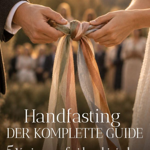 Handfasting Guide als PDF: Cover mit Brautpaar, das einen Knoten aus bunten Bändern hält.