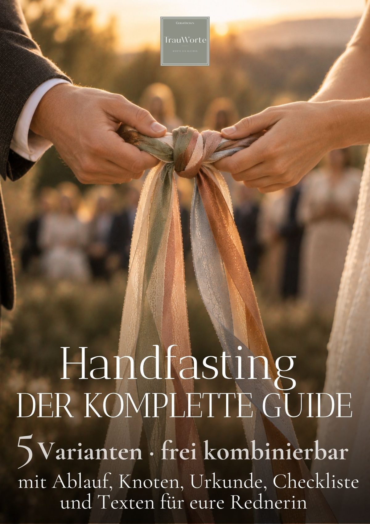Handfasting Guide als PDF: Cover mit Brautpaar, das einen Knoten aus bunten Bändern hält