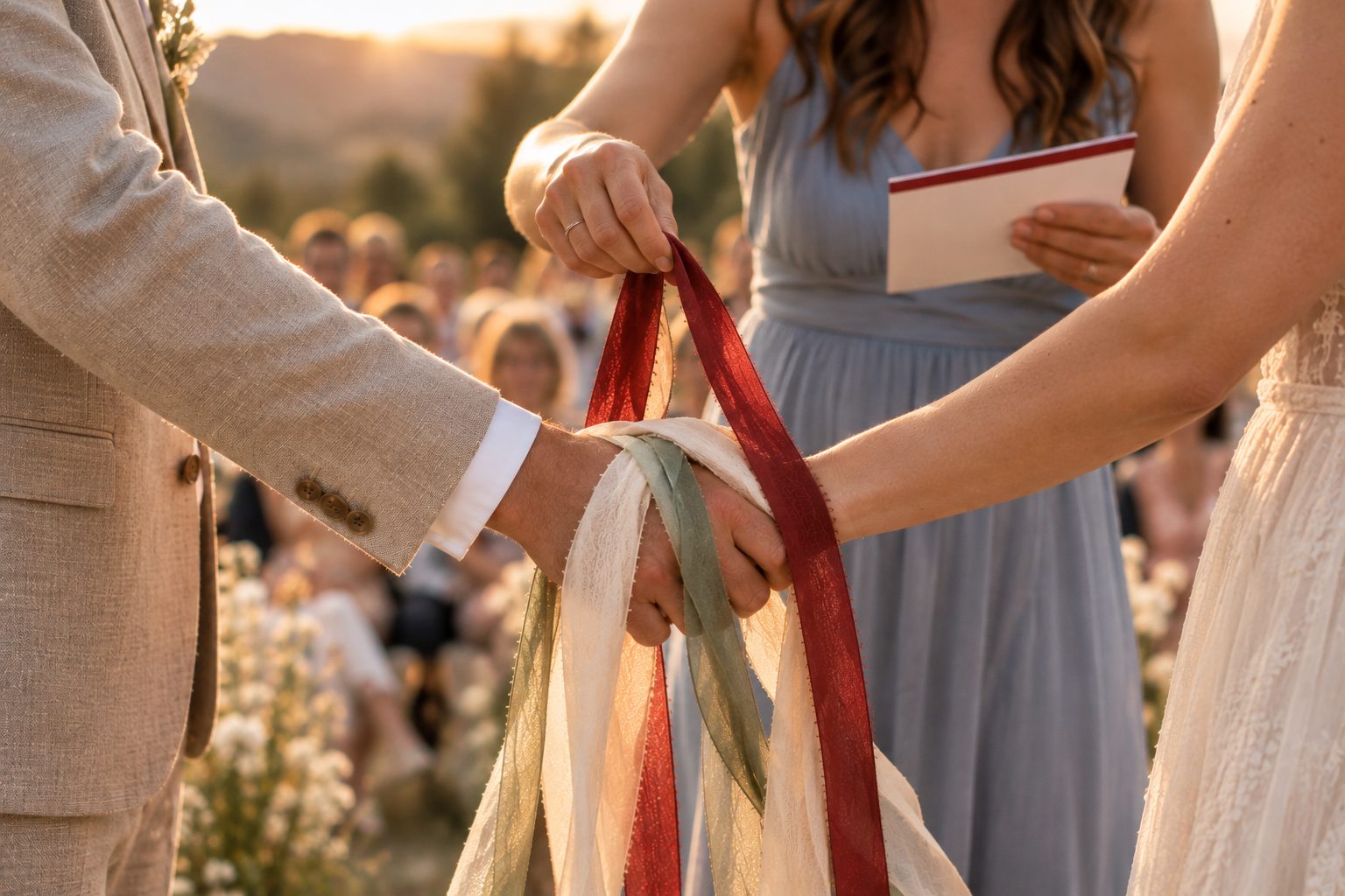 Handfasting mit Gästen: Ein Gast im hellblauen Kleid legt ein rotes Band über die Hände des Brautpaars, in der anderen Hand eine Farbkarte
