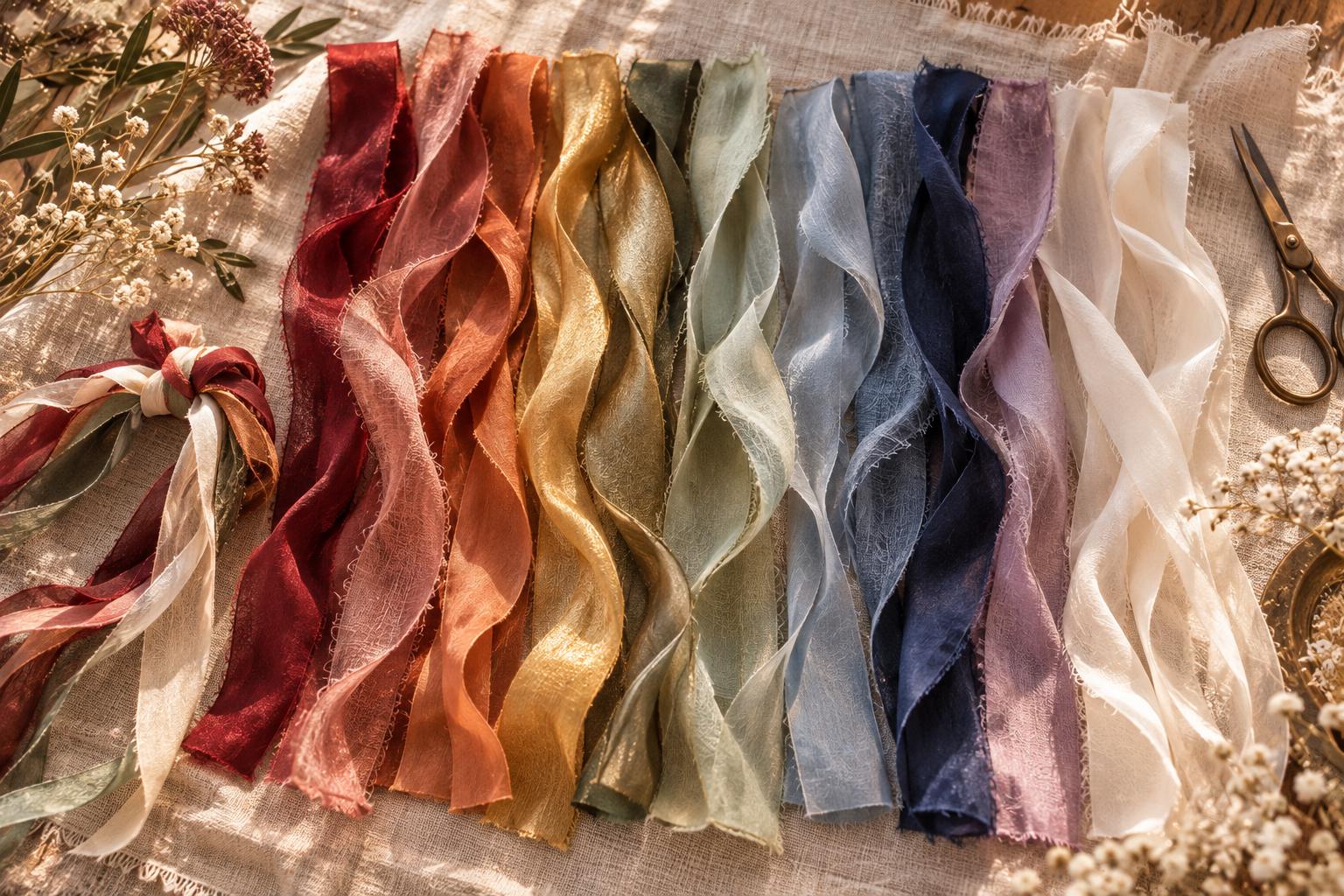 Handfasting Farben: Bänder aus Seide und Chiffon in Rot, Rosa, Orange, Gold, Grün, Salbei, Hellblau, Dunkelblau, Flieder und Creme nebeneinander auf Leinen