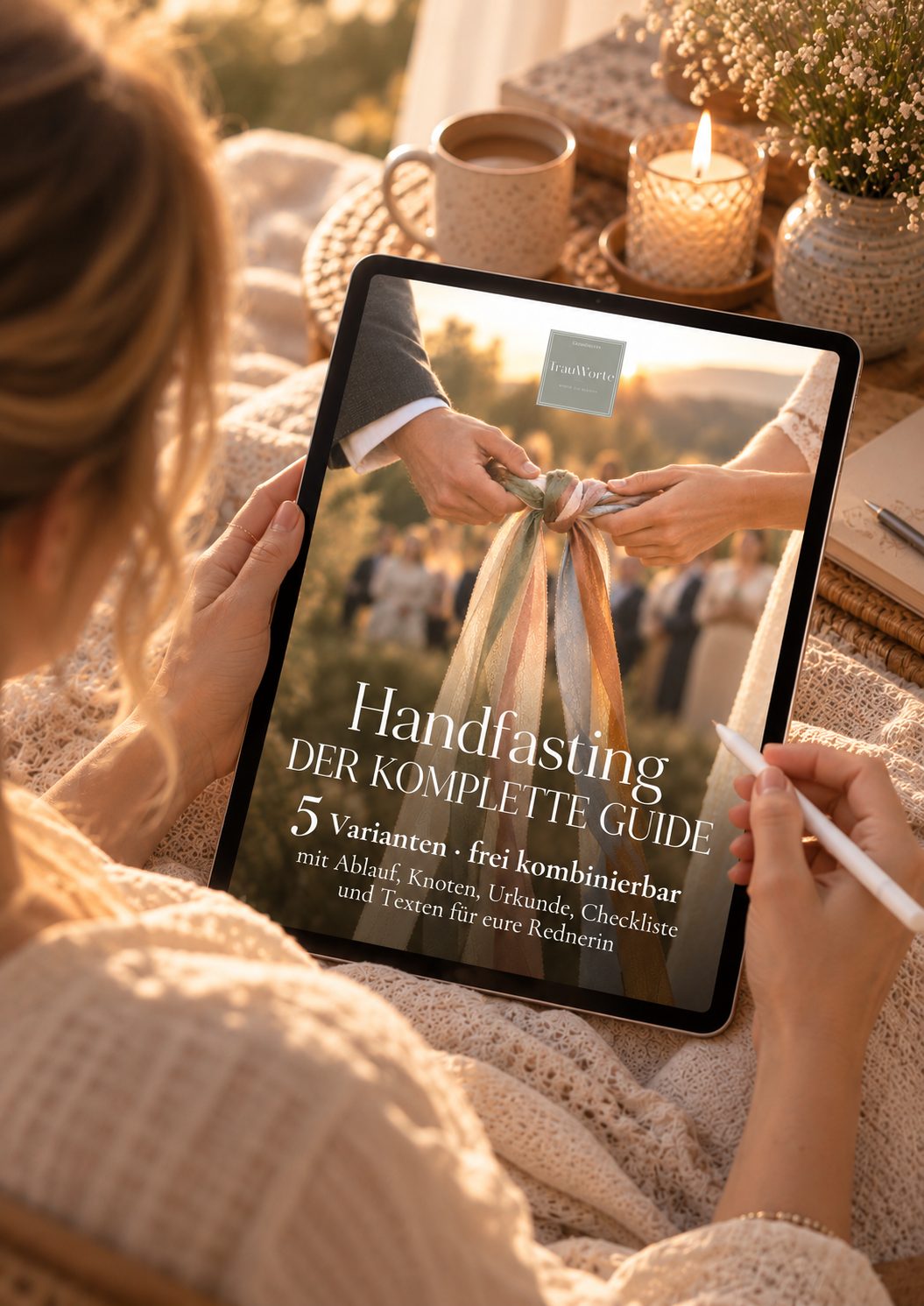 Handfasting Guide als PDF auf einem Tablet, daneben Kaffee und eine Kerze