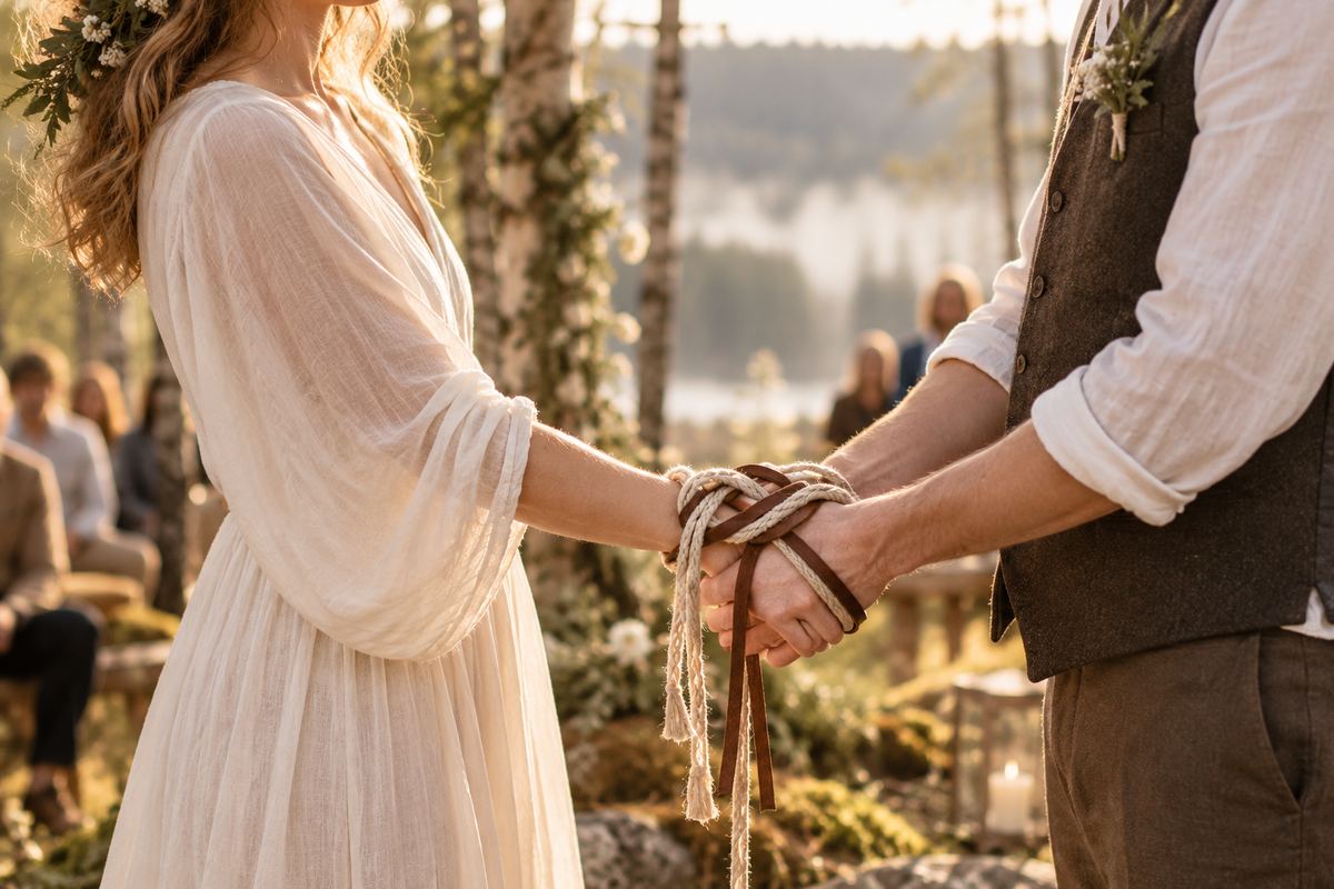 Handfasting Hochzeit im Freien: Die verbundenen Hände eines Brautpaars sind mit einem Leinenseil und einem Lederband zu einem Knoten gebunden, im Hintergrund Birken und Gäste