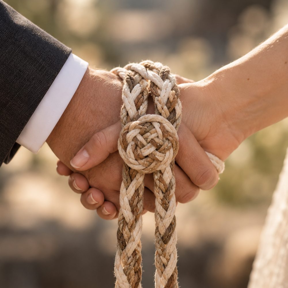 Handfasting mit geflochtenem Seil in Natur und Braun: Ein keltischer Knoten verbindet die Hände eines Brautpaars