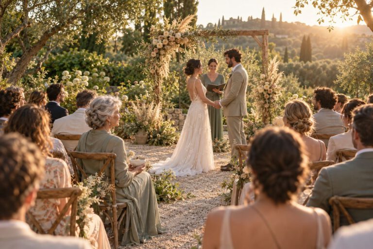 Hochzeitstrends 2027 in der freien Trauung: kleine Gästerunde im Garten um ein Brautpaar unter einem Holzbogen