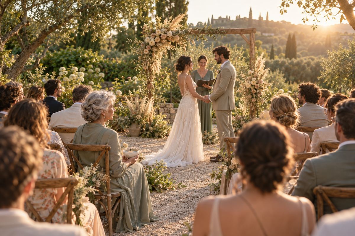 Hochzeitstrends 2027 in der freien Trauung: kleine Gästerunde im Garten um ein Brautpaar unter einem Holzbogen