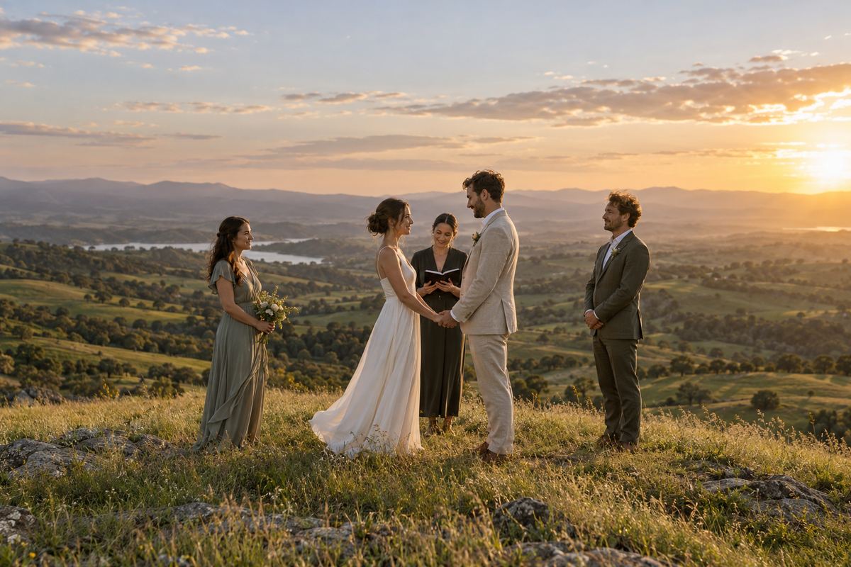 Micro Wedding als Trend 2027: kleine freie Trauung mit Brautpaar und zwei Trauzeugen auf einer Anhöhe