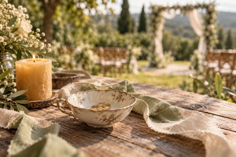 Nachhaltige Rituale für die freie Trauung: Ringtasse, Bienenwachskerze und Stoffbänder auf einem Holztisch
