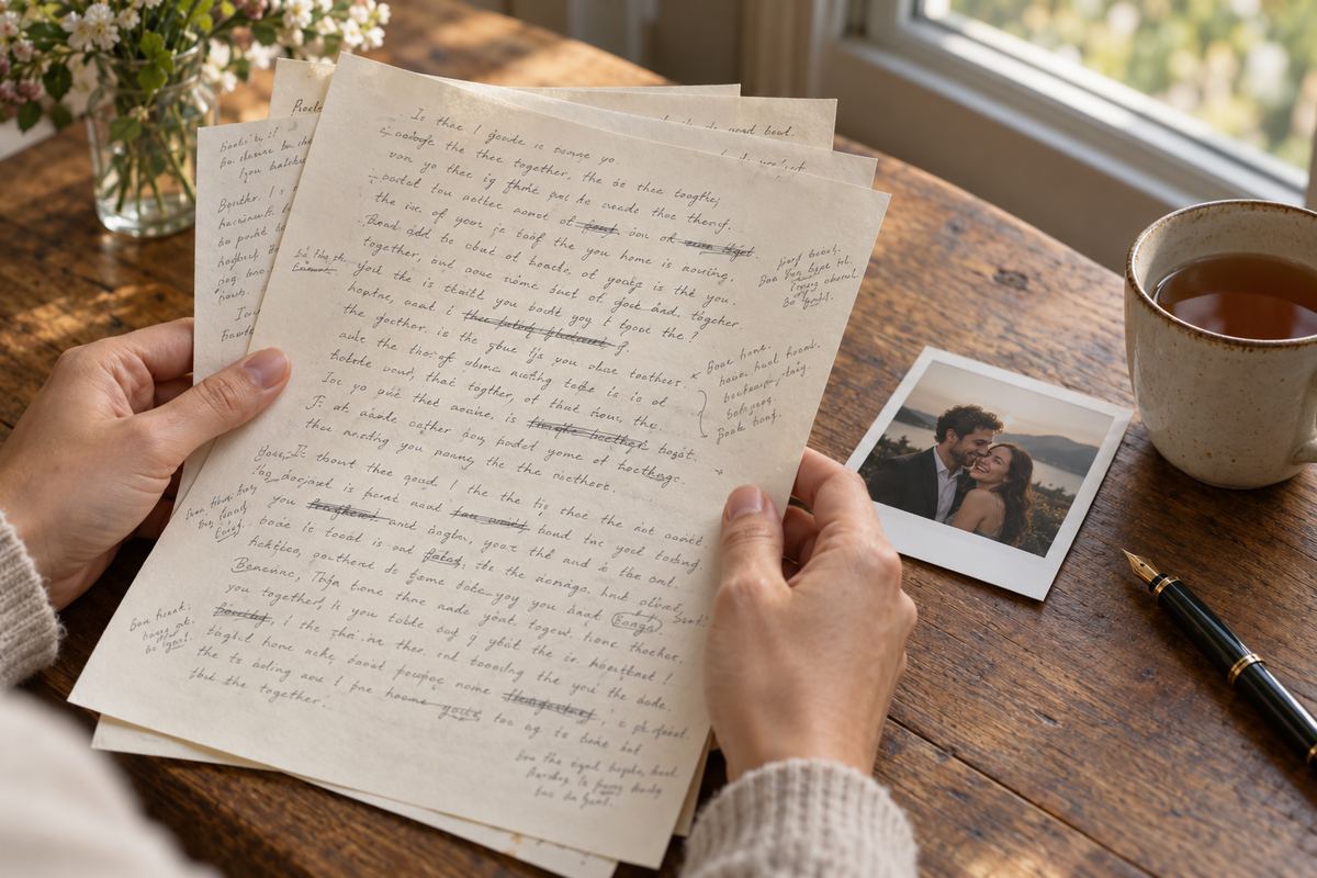 Hochzeitstrends 2027: persönliche Traurede mit handbeschriebenen Notizen und Polaroid eines Paares auf einem Holztisch