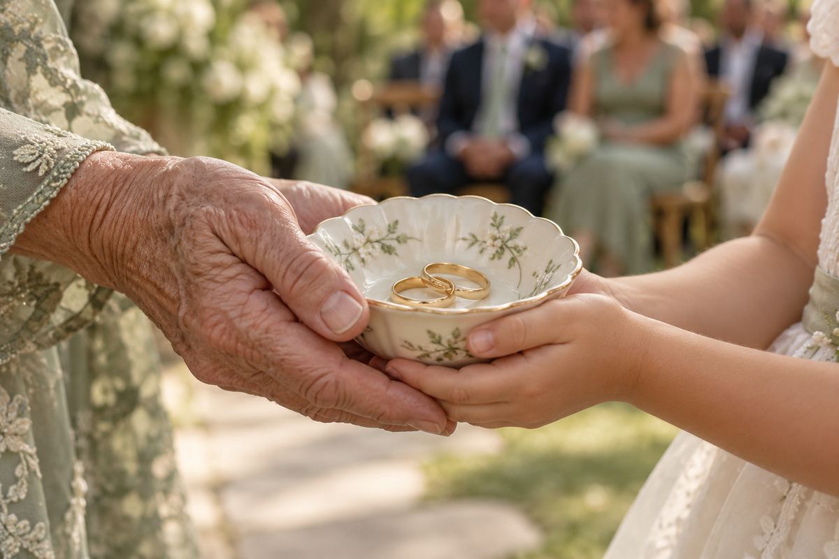 Ring Warming als Hochzeitstrend: Großmutter und Kind halten gemeinsam die Ringschale während der freien Trauung